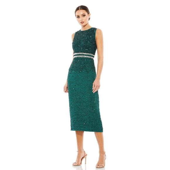 MAC DUGGAL SLEEVELESS HIGH NECK BEADED MIDI SHEATH DRESS DEEP EMERALD SZ 14 NWT - Picture 1 of 7